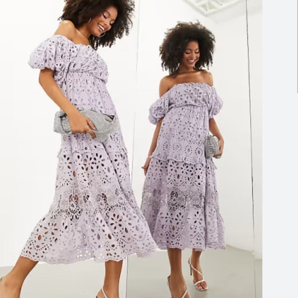💜 Asos Edition Lavender Off-Shoulder Eyelet Dress 👗New Size US 2